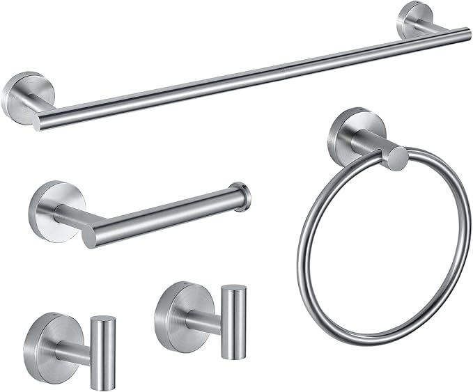 5-Piece Bathroom Hardware Set, Brushed Nickel SUS304 Stainless Steel Bathroom Accessories, 24" Towel Bar, Toilet Paper Holder, Towel Ring & 2 Robe Hooks, Wall Mounted, Rustproof Modern Design