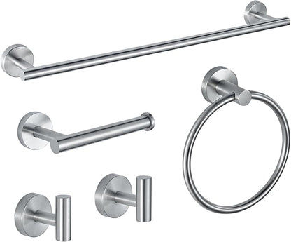 5-Piece Bathroom Hardware Set, Brushed Nickel SUS304 Stainless Steel Bathroom Accessories, 24" Towel Bar, Toilet Paper Holder, Towel Ring & 2 Robe Hooks, Wall Mounted, Rustproof Modern Design