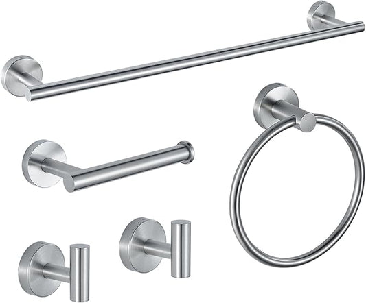 5-Piece Bathroom Hardware Set, Brushed Nickel SUS304 Stainless Steel Bathroom Accessories, 24" Towel Bar, Toilet Paper Holder, Towel Ring & 2 Robe Hooks, Wall Mounted, Rustproof Modern Design