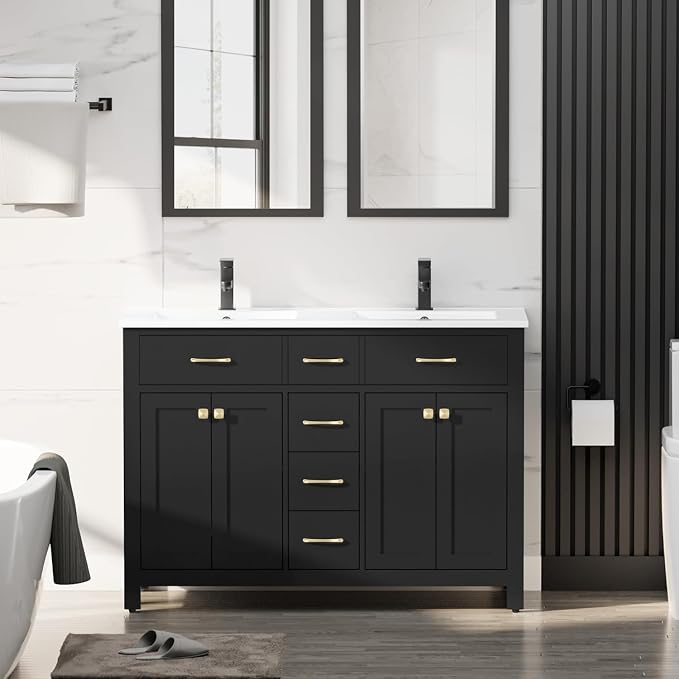 LUCKWIND 48" Modern Bathroom Vanity with Sink Combo, Contemporary Painted Storage Cabinet and Double White Sink, Include Soft-Closing Doors & Matte Black Faucet, Black