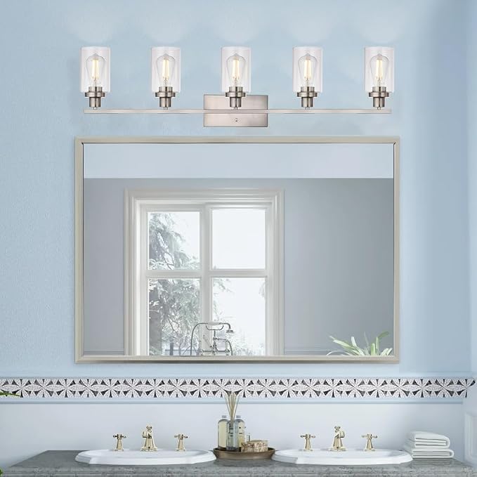 MELUCEE 5-Light Bathroom Vanity Light Brushed Nickel with Clear Glass Shade | Wall Sconce Modern Light Fixtures Wall Mount for Porch Bedroom Hallway Kitchen (Patent No.: US D963914 S) 40 Inches