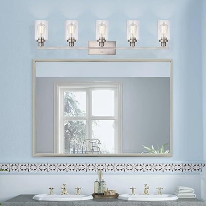MELUCEE 5-Light Bathroom Vanity Light Brushed Nickel with Clear Glass Shade | Wall Sconce Modern Light Fixtures Wall Mount for Porch Bedroom Hallway Kitchen (Patent No.: US D963914 S) 40 Inches