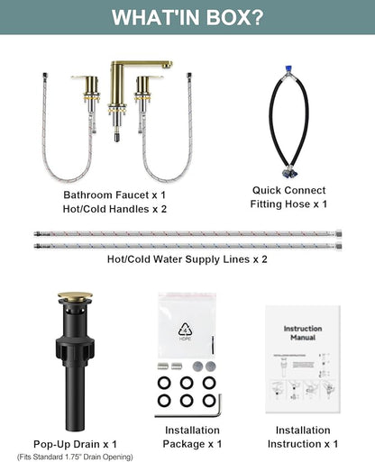 BWE Brushed Gold Bathroom Faucet 3 Hole, 8 Inch Widespread Gold Bathroom Faucets with Pop-up Drain and Supply Lines, 360° Swivel Spout 2-Handle Sink Faucet for Bath Vanity