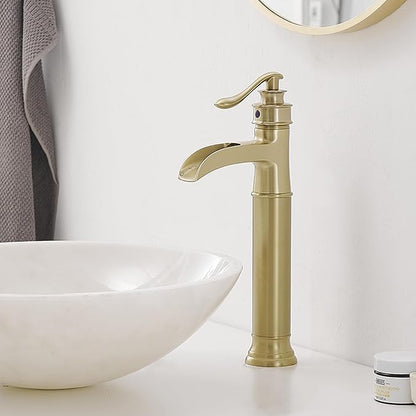 Bathroom Vessel Sink Faucet Waterfall Single Handle Single Hole | Brushed Gold,Brass,Pop Up Drain without Overflow,Supply Line,Easy to Clean,Easy Installation,Rust Resistant,Minimalist Design