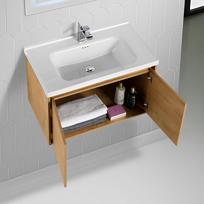 Blossom 32 Inch Bathroom Vanity with Sink, All Wood Wall Mounted Floating Bathroom Vanity with Ceramic Sink, Modern Soft-Close Doors & Storage, Bathroom Sink Cabinet, Classic Oak, 32'' Ceramic Sink