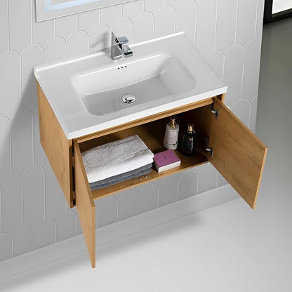 Blossom 32 Inch Bathroom Vanity with Sink, All Wood Wall Mounted Floating Bathroom Vanity with Ceramic Sink, Modern Soft-Close Doors & Storage, Bathroom Sink Cabinet, Classic Oak, 32'' Ceramic Sink