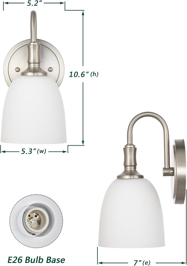 Vintage Traditional 1-Light Indoor Wall Sconce with Frosted Glass Bathroom Bedroom Hallway, 10.6" H x 5.3" W, Brushed Nickel
