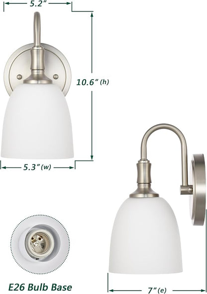 Vintage Traditional 1-Light Indoor Wall Sconce with Frosted Glass Bathroom Bedroom Hallway, 10.6" H x 5.3" W, Brushed Nickel