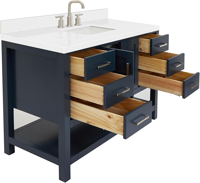 Olivia 48" Midnight Blue Bathroom Vanity with Sink, 1.5" Carrara Quartz Countertop, Rectangular Undermount Sink, 2 Soft-Closing Doors, 6 Full Extension Dovetail Drawers