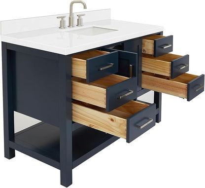Olivia 48" Midnight Blue Bathroom Vanity with Sink, 1.5" Carrara Quartz Countertop, Rectangular Undermount Sink, 2 Soft-Closing Doors, 6 Full Extension Dovetail Drawers