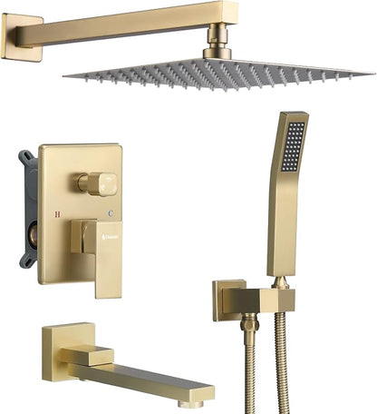 DASAN Tub Shower Faucets Sets Complete Brushed Gold Bathtub Shower System with Tub Spout, Bathtub Faucet Set Tub and Shower Faucet Combo Trim Kit with Rough-in Valve, DA-SS03BG-S10W