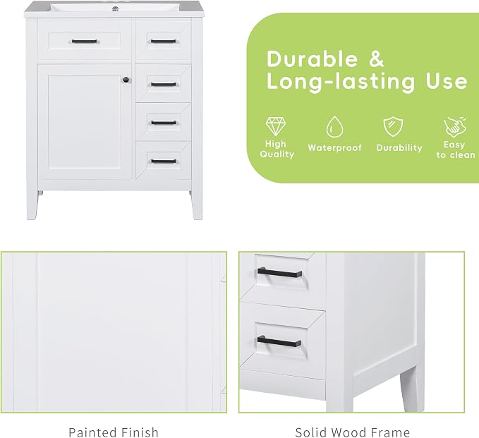30 Inch Bathroom Vanities with Undermount Ceramic Sink, Storage Cabinet with Soft Closing Doors, Three Drawers and Organizer Rack Shelf, Solid Wood Frame, White