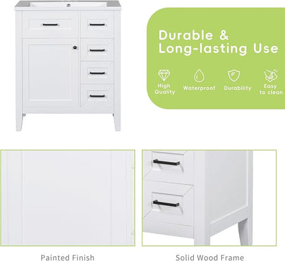 30 Inch Bathroom Vanities with Undermount Ceramic Sink, Storage Cabinet with Soft Closing Doors, Three Drawers and Organizer Rack Shelf, Solid Wood Frame, White
