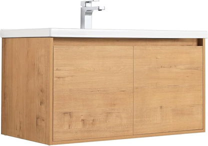 Blossom 36 Inch Wall Mounted Bathroom Vanity with Sink | Floating Wood Vanity Cabinet | Modern Soft-Close Doors & Storage | Ceramic Basin | Space-Saving Design (Classic Oak, 36'' Ceramic Sink)