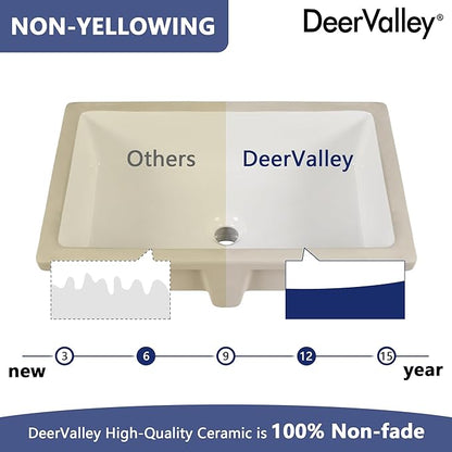 DeerValley 24x16 Inch Rectangular Undermount Bathroom Sink, White Ceramic Under Counter Sink with Flat Overflow, DV-1U0209