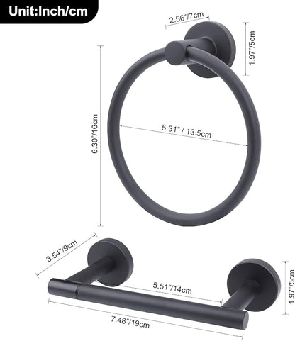 Matte Black Toilet Paper Holder Set, Stainless Steel Towel Ring, Double Post Pivoting Toilet Paper Holder and Hand Towel Holder Set for Bathroom,Bathroom Hardware Accessories Set Black