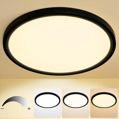 16 Inch Flush Mount Ceiling Light, 28W Dimmable LED Fixture 2800LM, 3000K/4500K/6000K Adjustable, Round Ceiling Lamp for Bedroom, Kitchen, Living Room, Dining Room, Bathroom, Black