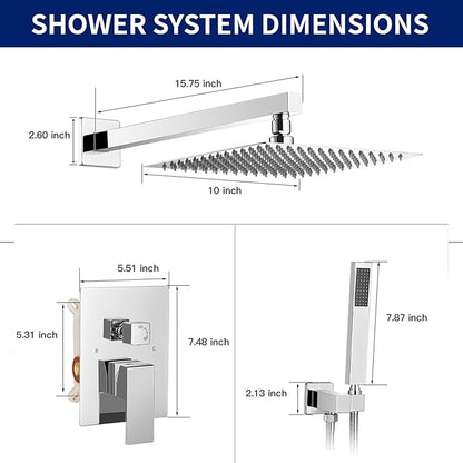 BWE 10 Inch Square Bathroom Luxury Rain Mixer Shower Combo Set Wall Mounted Shower Kit Rainfall Shower Head System Polished Chrome Shower Faucet Rough-in Valve Body and Trim Included