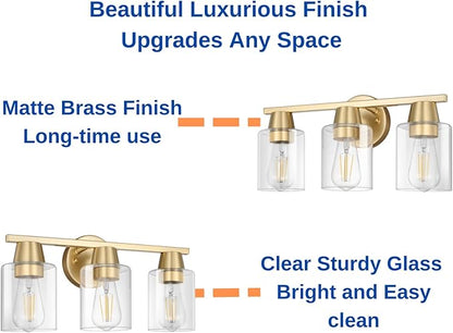 Modern Wall Sconces Lighting with Brass Finished Clear Glass Shade, Matte Gold 3 Vanity Light Over Mirror, Industrial Bathroom Light Fixtures for Living Room Hallway Kitchen Porch E26 Base