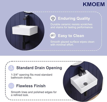Small Wall Mount Bathroom Vessel Sink 13"x12" Rectangular Floating White Porcelain Ceramic Wall Hung Vanity Basin Sink for Tiny Home,RV,Bathroom