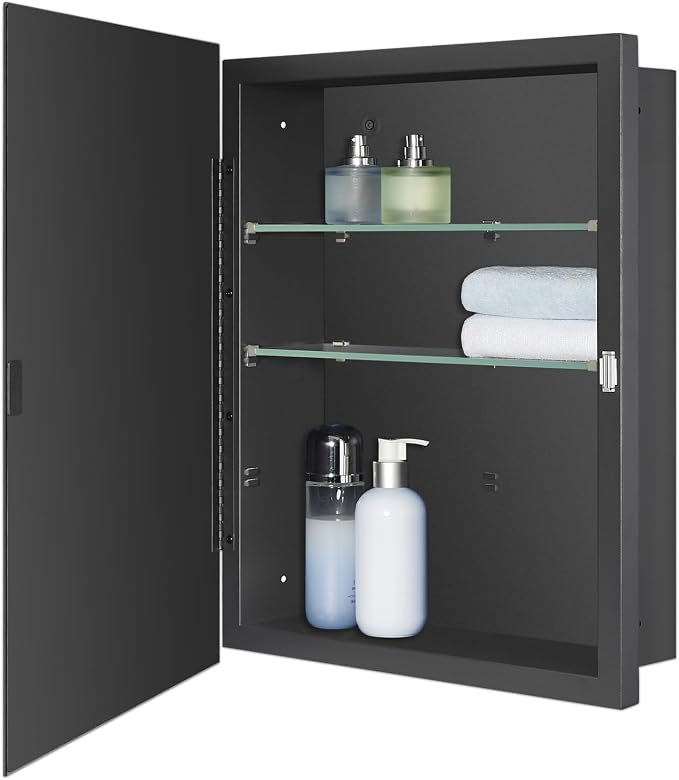 IDYLLOR Black Bathroom Medicine Cabinet with Beveled Edge Mirrored Door 16 x 20 inch, Recessed or Surface Mount, with Adjustable Glass Shelves