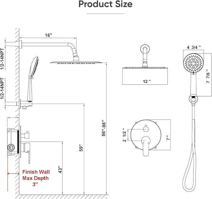 Gabrylly Black Shower System, Pressure Balance Shower Faucet Set, 12" Stainless Steel Rain Shower head with 5-Mode Handheld Shower Spray Combo,High Pressure Rainfall Shower Head Set, Matte Black