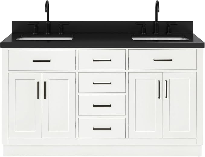 ARIEL Hepburn 60-inch Bathroom Vanity with Sink,Solid Wood, 1.5-inch Carbon Black Quartz Countertop, Double Rectangular Porcelain Sink, Soft Closing Doors, Dovetail Drawers, White