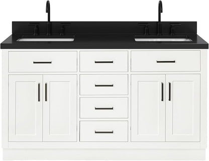 ARIEL Hepburn 60-inch Bathroom Vanity with Sink,Solid Wood, 1.5-inch Carbon Black Quartz Countertop, Double Rectangular Porcelain Sink, Soft Closing Doors, Dovetail Drawers, White