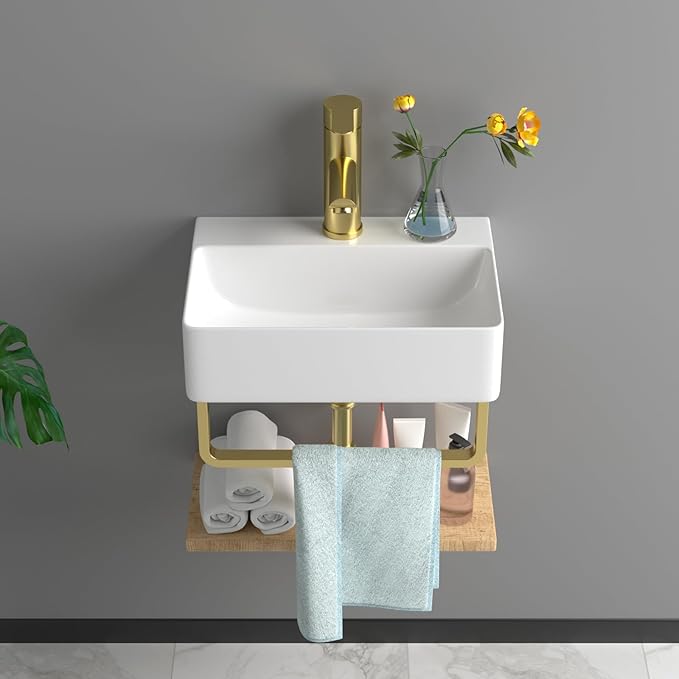 Floating Bathroom Sink Wall Mounted - 14"x10" Rectangular Vessel Sink With Gold Faucet & Drain Combo Small Modern White Ceramic Porcelain Vessel Vanity Sinks