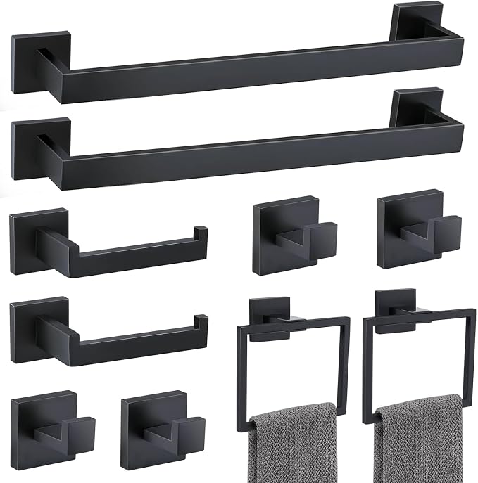 Matte Black 10 Pieces Bathroom Hardware Accessories Set Towel Bar Set Towel Holder Racks Set for Bathroom,SUS304 Stainless Steel,Wall Mounted 16-Inch