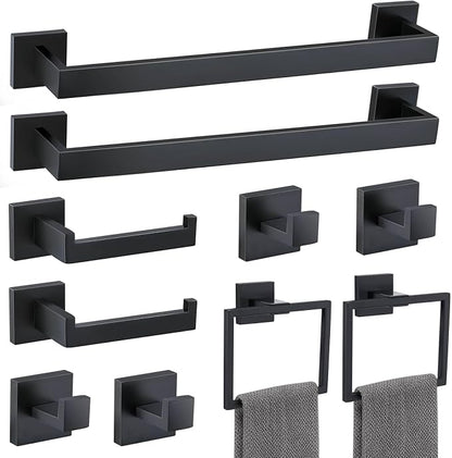 Matte Black 10 Pieces Bathroom Hardware Accessories Set Towel Bar Set Towel Holder Racks Set for Bathroom,SUS304 Stainless Steel,Wall Mounted 16-Inch