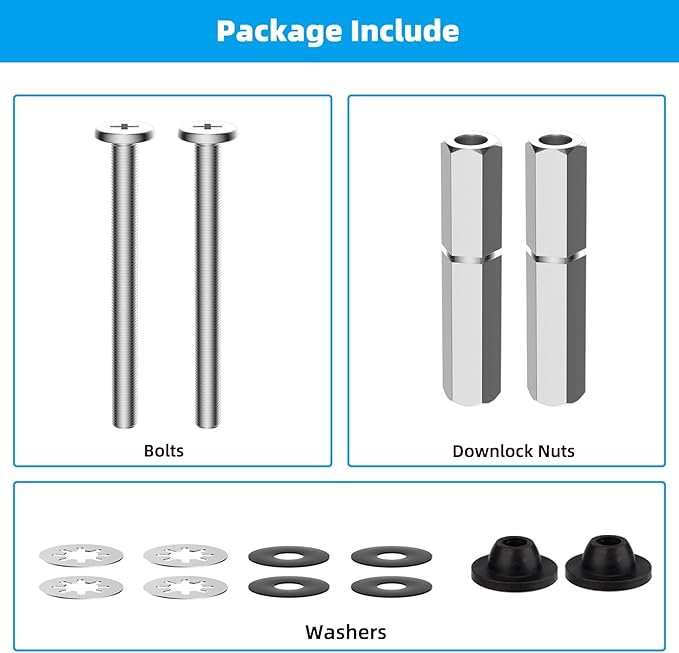 Hibbent 2 PCS Universal Toilet Seat Bolts Kit, Heavy Duty Stainless Steel Toilet Bolts with Extra Long Downlock Nuts Rubber Washers Gaskets, Easy to Install -Bathroom Toilet Repair Screw