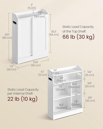 VASAGLE Narrow Storage Cabinet, Slim Floor Cabinet with Sliding Doors, Toilet Paper Holder and Brush Compartment, for Bathroom and Living Room, 7.9 x 23.6 x 31.5 Inches, Cloud White UBBC752W01