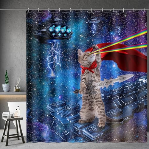 Aimego Funny Cat Shower Curtains for Bathroom - Cool Cute Cat on Fantasy Outer Space Galaxy Universe UFO Fun Shower Curtain Set with 12 Hooks for Adults Kids Bathroom Decor Accessories, 72"x72"