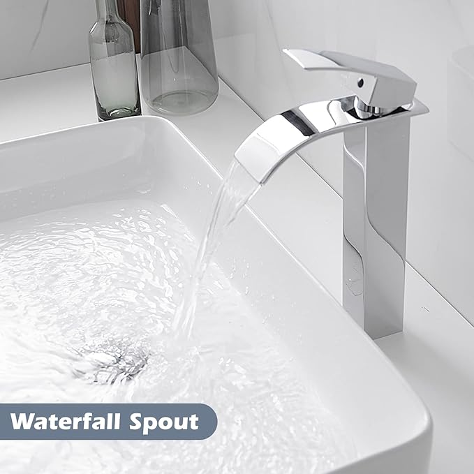 BWE Vessel Sink Faucet Modern Waterfall Chrome Single Hole Bathroom Faucet Single Handle with Pop up Drain Without Overflow Assembly Vanity Basin Bath Sink Faucets Mixer Tap