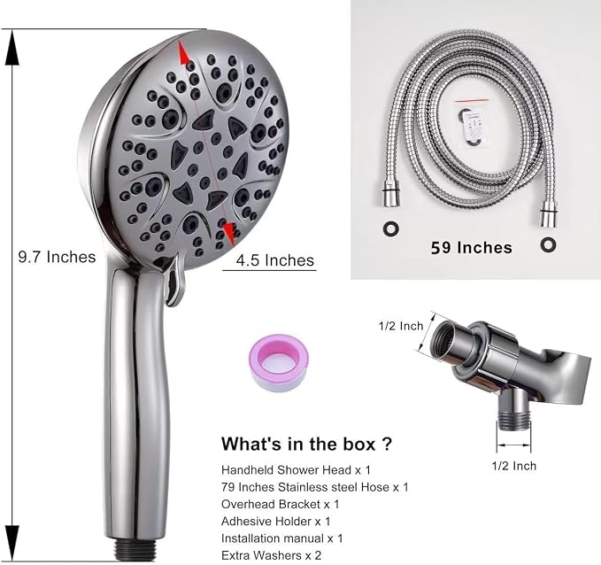 High Pressure 8-Mode Shower Head, Handheld Showerhead With 60" Hose And Adjustable Bracket, Anti-Clog Nozzles, Chrome, Silver