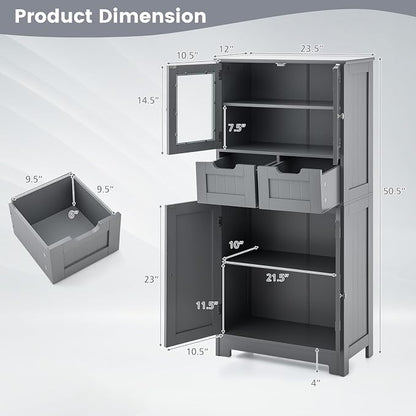 Giantex Bathroom Floor Storage Cabinet - Freestanding Cabinet with 2 Glass Doors, 2 Drawers & Adjustable Shelves, Multifunctional 50.5” Tall Storage Organizer Cupboard for Kitchen, Living Room (Gray)