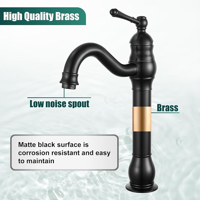 Heyalan Tall Vessel Sink Faucet, Single Handle 1-Hole,Matte Black | SUS304 stainless steel, 360° swivel spout, includes pop-up drain & hoses, deck mount 1-hole, tall design for vessel sink