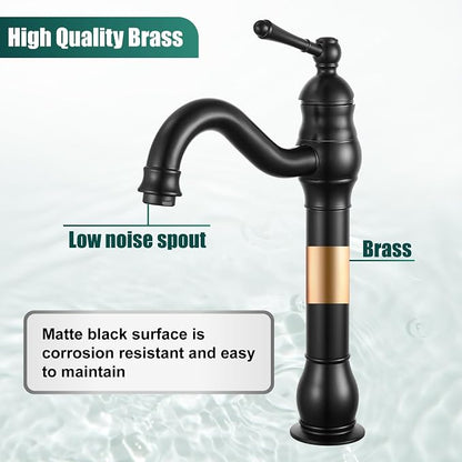 Heyalan Tall Vessel Sink Faucet, Single Handle 1-Hole,Matte Black | SUS304 stainless steel, 360° swivel spout, includes pop-up drain & hoses, deck mount 1-hole, tall design for vessel sink
