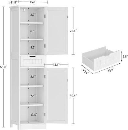 67" H Tall Bathroom Cabinet with 2 Doors & 1 Drawer, Narrow Bathroom Storage Cabinet with Adjustable Shelves, for Living Room, Entryway, Kitchen, White