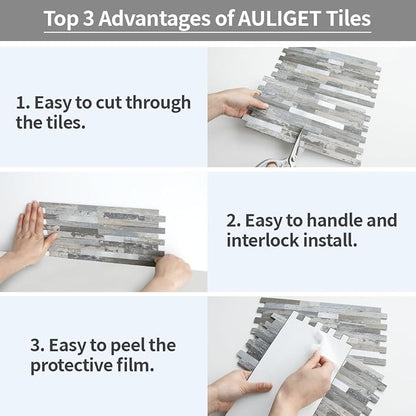 AULIGET 2-Sheet Peel and Stick Backsplash Wall Tiles, Distressed Wood Look PVC Wall Tiles Stick on Backsplash