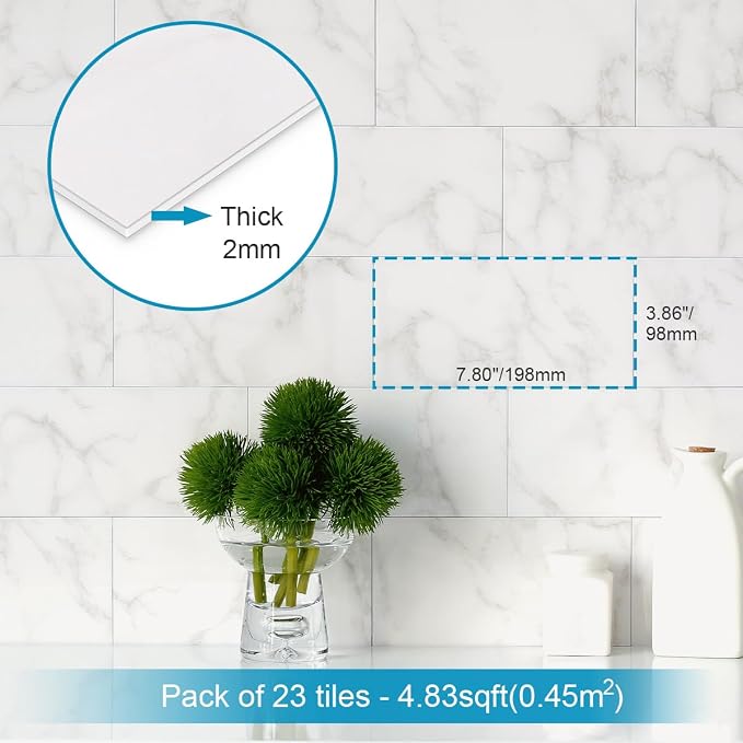 BeNice Peel and Stick Tile Backsplash Bathroom Cararra White 23pcs