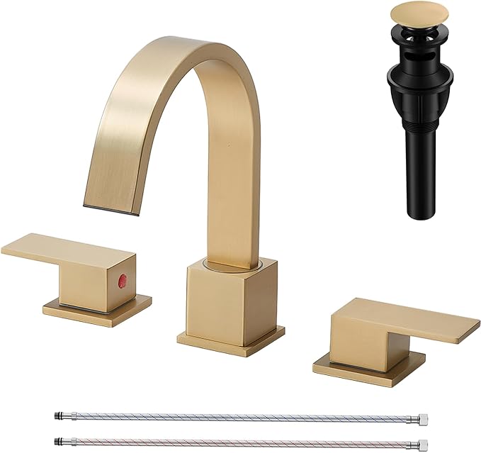 Brushed Gold Bathroom Faucet 3 Hole, Waterfall 8 Inch Widespread Gold Bathroom Sink Faucets with Pop-up Drain and Supply Hoses, 360° Swivel Spout 2-Handle Sink Faucet for Bath Vanity