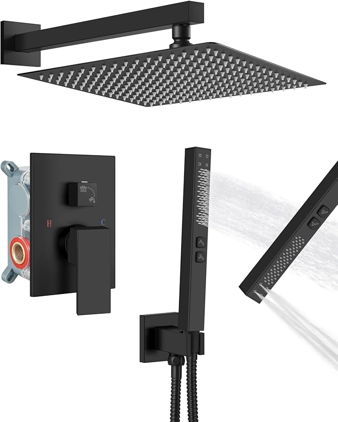 Shower Faucet Set Rainfall Shower System with Square Showerhead and Handle Set Fixture with 2 in 1 Function Handheld Sprayer Wall Mounted Trim Repair Kit Rough-in Valve 16 Inch Matte Black