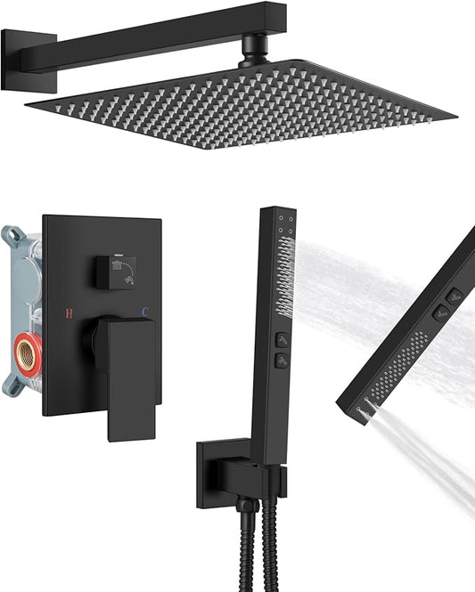 Shower Faucet Set Rainfall Shower System with Square Showerhead and Handle Set Fixture with 2 in 1 Function Handheld Sprayer Wall Mounted Trim Repair Kit Rough-in Valve 16 Inch Matte Black
