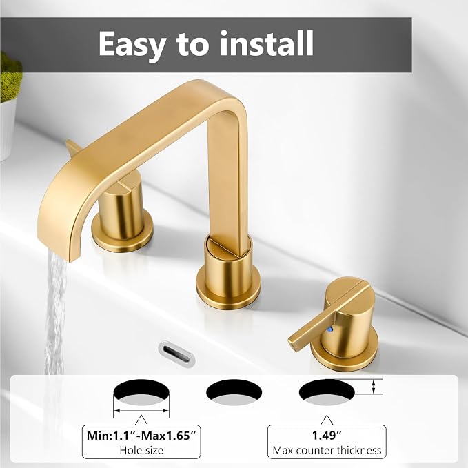 Brushed Gold Bathroom Faucet 3 Hole 8 Inch Widespread Waterfall | 2-Handle Vanity Faucet, Pop-Up Drain, Supply Lines, Adjustable 4- to 16-Inch Widespread Fit, 360° Swivel Spout