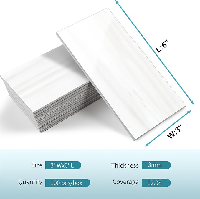 Vamos Tile 4-Piece Glossy Dolomite White Peel and Stick Backsplash Tile | 3''x6'' PVC Subway Tile with White Grout, Stick on Backsplash for Kitchen/Bathroom/Fireplace/Laundry/Camper