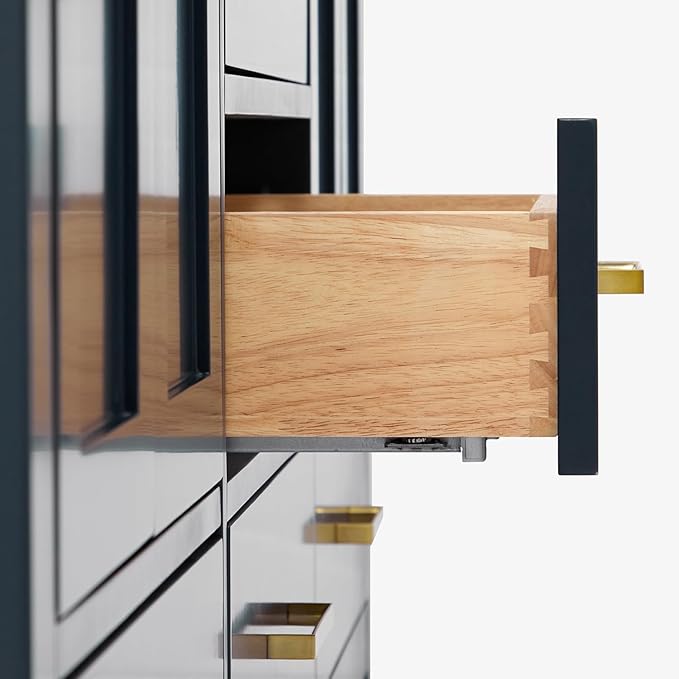 DKB Beckford 66-Inch Midnight Blue Double Bathroom Vanity with Sink, Carrara White Quartz Countertop & Splash, Rectangular Sinks, 4 Soft Closing Doors, 6 Full Extension Dovetail Drawers, Satin Brass