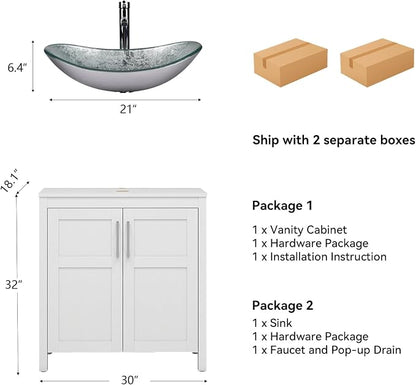 YOURLITE 30" Bathroom Vanity with Sink, White Bathroom Vanity and Sink Combo with Faucet & Pop Up Drain Set,Traditional Vanity with Blue Glass Boat Bathroom Sink