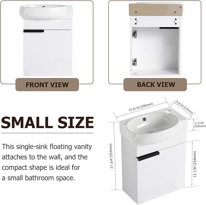 Henf 17 Inch Wall Mounted Bathroom Vanity Sink Combo for Small Space,Modern White Vanities Set with Ceramic Sink Top,Hanging Garage Vanity w/Sink, Floating Small Bathroom Cabinet Compact